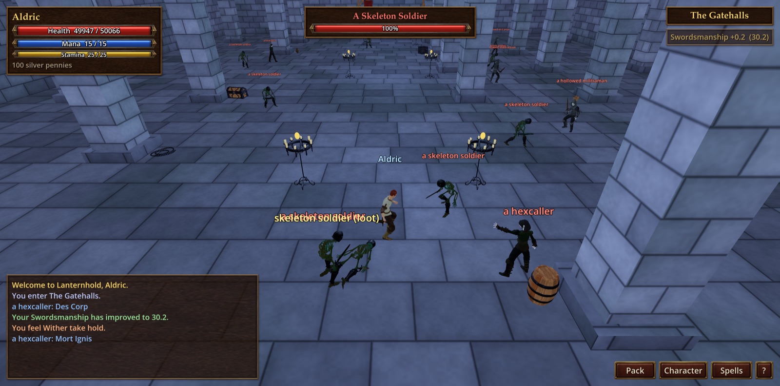 A player among skeletons in a pillared dungeon hall